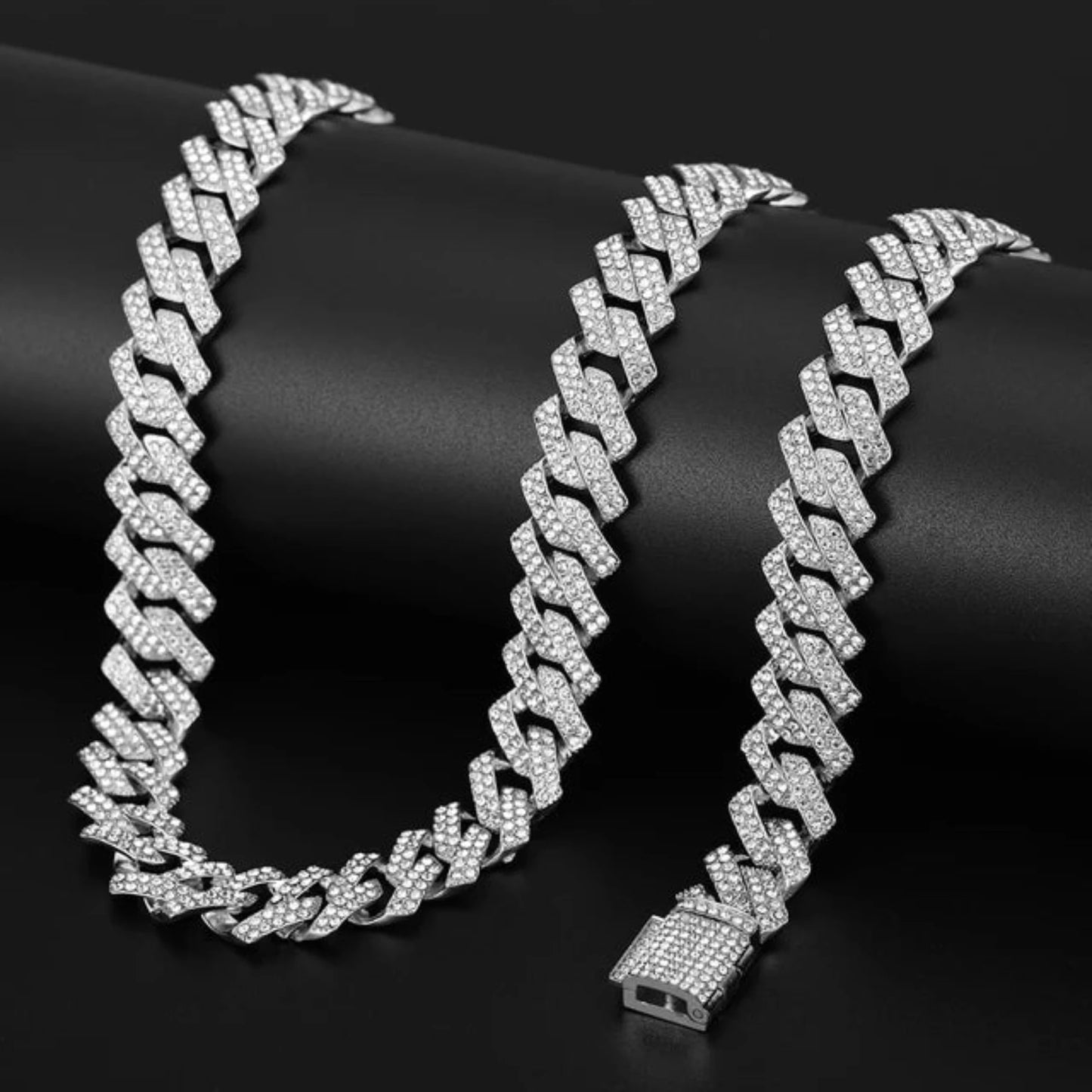 OHS jewelery NVU™ Cuban Link Chain Necklace and Bracelets HIP HOP Bling Iced Out 2 Row Rhinestone Paved