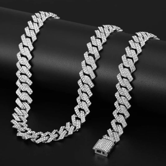 OHS jewelery NVU™ Cuban Link Chain Necklace and Bracelets HIP HOP Bling Iced Out 2 Row Rhinestone Paved