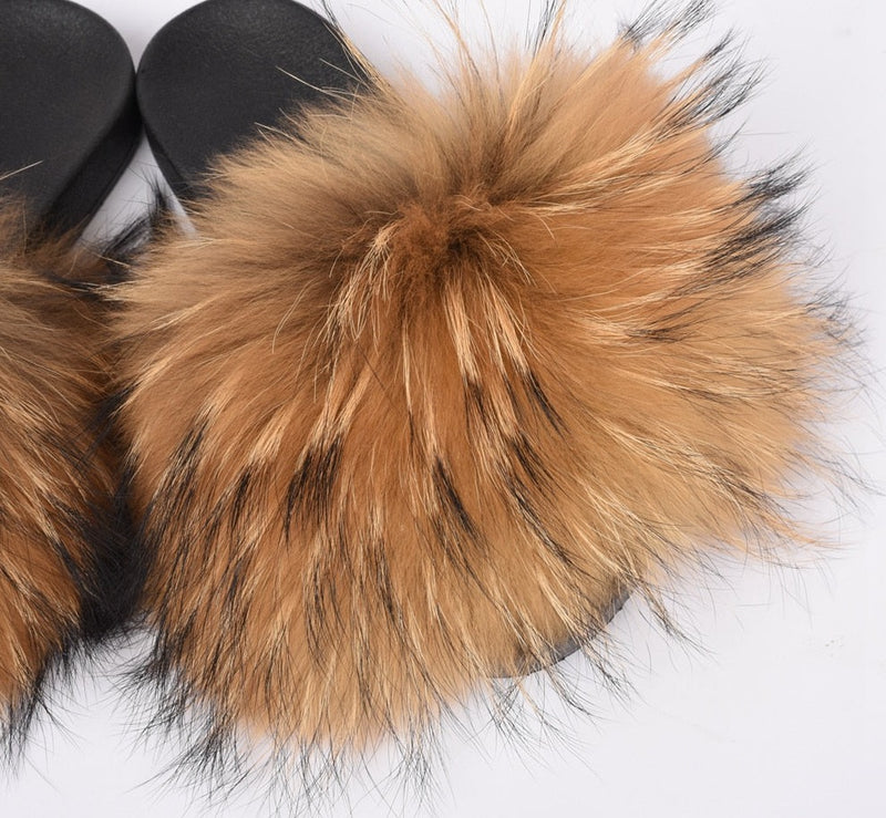 OHS sliders "NylahNY" 14cm Wider Fit - Fur Women Shoes Sandals - Real Raccoon Fur Slippers Sliders