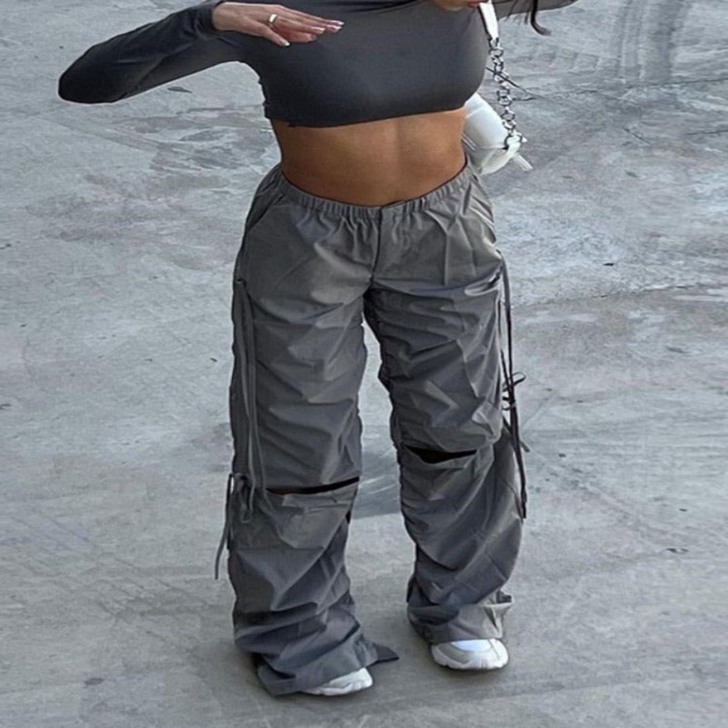 OHS pants "NylahNY" Baggy Hip Hop Grey Cargo Pants Big Pockets Loose Wide Leg Pants