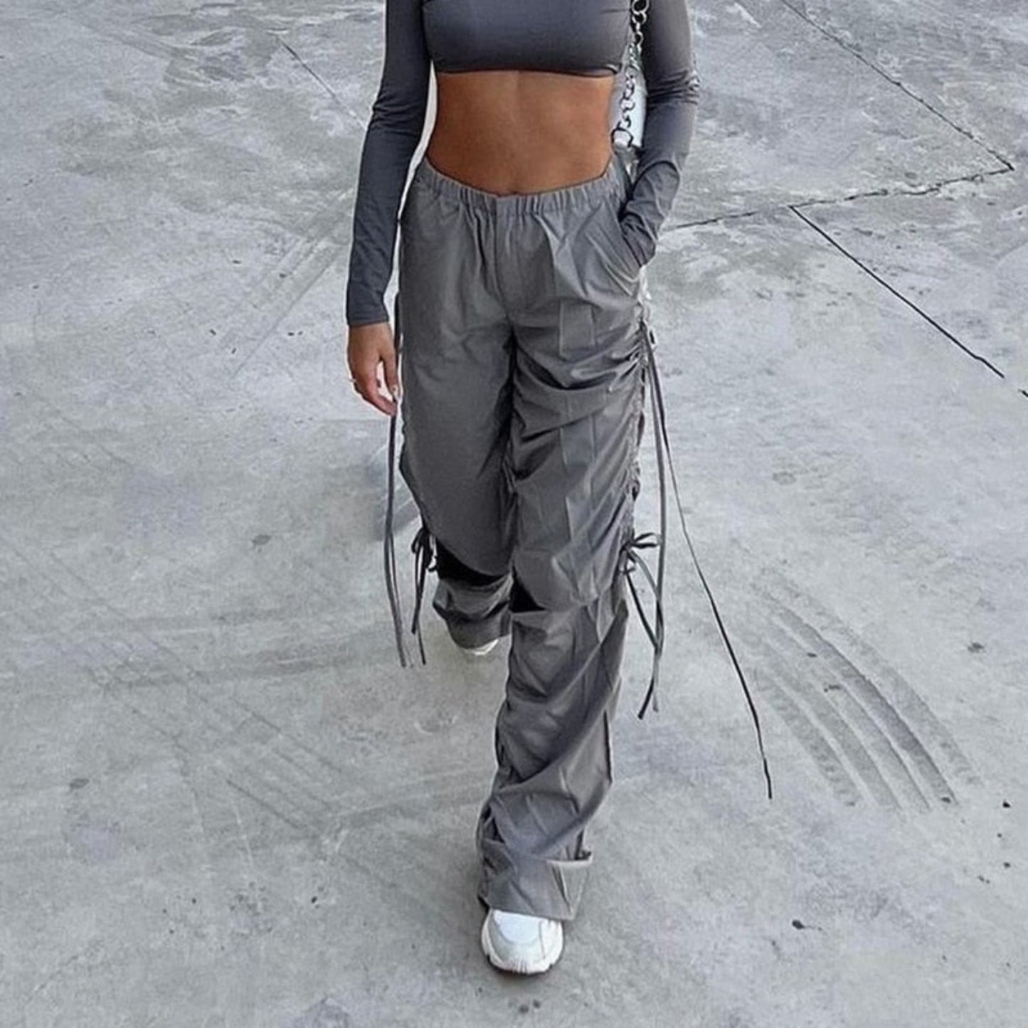 OHS pants "NylahNY" Baggy Hip Hop Grey Cargo Pants Big Pockets Loose Wide Leg Pants