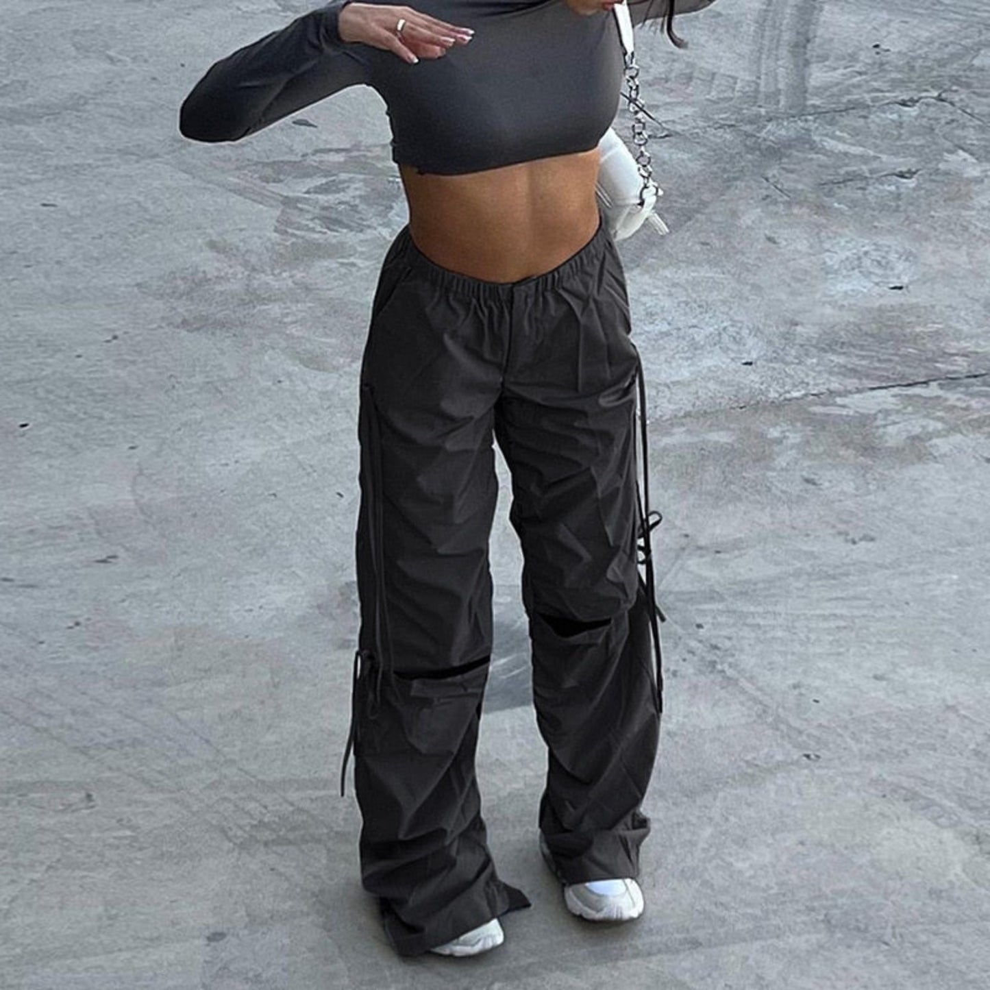OHS pants "NylahNY" Baggy Hip Hop Grey Cargo Pants Big Pockets Loose Wide Leg Pants