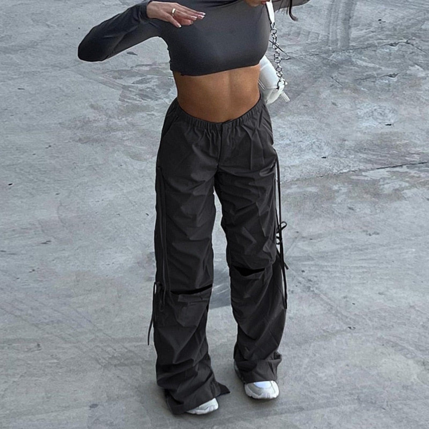 OHS pants "NylahNY" Baggy Hip Hop Grey Cargo Pants Big Pockets Loose Wide Leg Pants