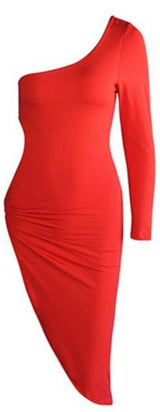 Oh Saucy Dresses Red / XL OH Saucy Editors Choice | One Shoulder Long Sleeve Hollow Out High Split | Metal Ring Clubwear Dress |  Irregular Bodycon Party Midi Dress