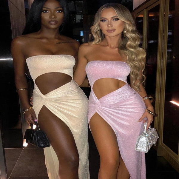 OHS dress "Prom Queen" Sexy Hollow Out Strapless High Split Maxi Dress  Sleeveless Backless Club Party Dress