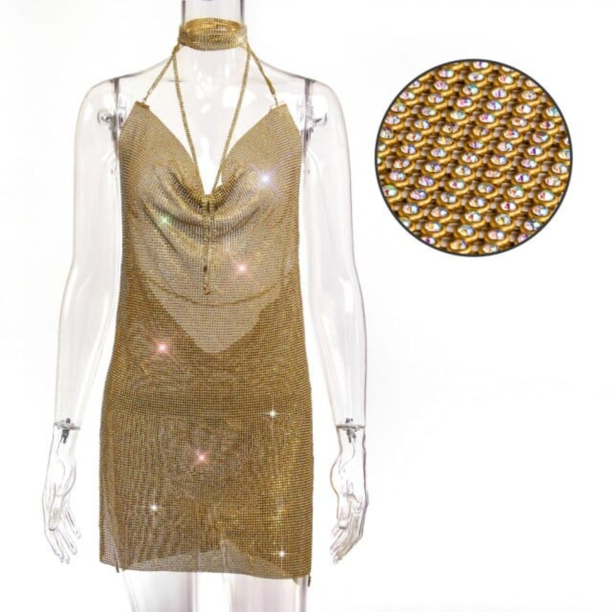 Oh Saucy Gold AB / XS Sexy See through Rhinestone | Metal Chainmail | Glitter Mini Dress | Backless Sequins Luxury Party Dress