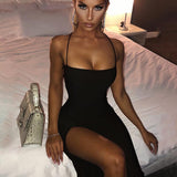 Oh Saucy Party black / M Sleeveless Halter | Shiny Sequined High Split Backless Bodycon | Long Maxi Evening | Party Dress