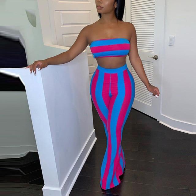 Striped 2 piece Crop Top & Matching Flare Bottom Pants - OhSaucy