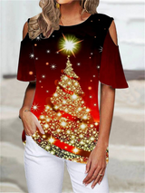 OHS seasonal CE3610531 / S / China T-shirt Christmas tree printed round neck cutout shoulder