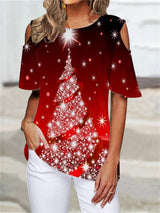 OHS seasonal CE3610561 / S / China T-shirt Christmas tree printed round neck cutout shoulder