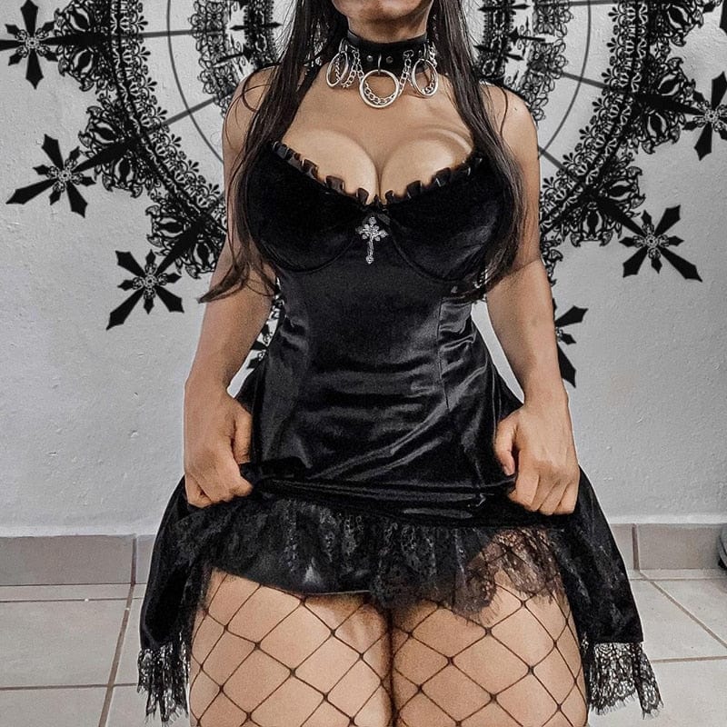 OhSaucy Black / L Velvet Gothic Minidress | Sexy Black or Purple Colours | Vintage Sleeveless Dress