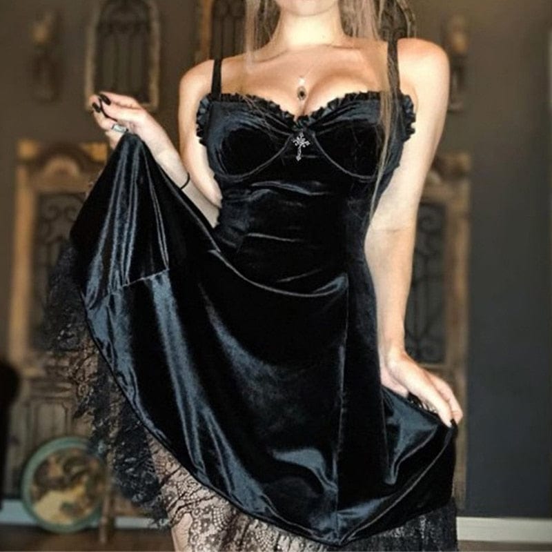 OhSaucy Black / S Velvet Gothic Minidress | Sexy Black or Purple Colours | Vintage Sleeveless Dress