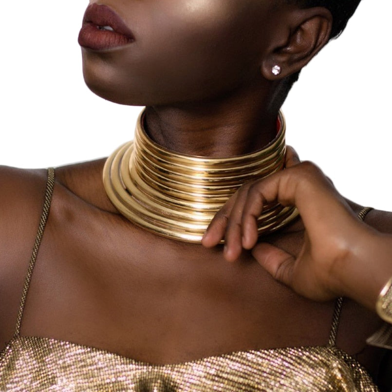 OHS cosplay Vintage Statement Choker Necklace Leather African Jewellery Adjustable to fit big neck