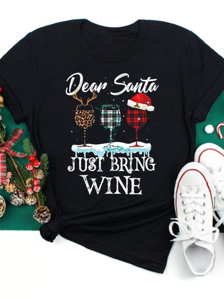 Oh Saucy seasonal T1064S-Black / S Women Wine Glass Christmas  T Shirt Christmas Xmas Gifts