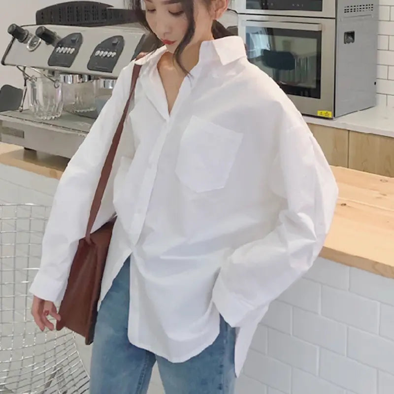 Fibobus DropShipping Autumn Long Sleeve Cotton White Blouse Fashion Women Casual Loose Shirt Blouse Office Lady Button Shirt Top Clothes Blusas 11456