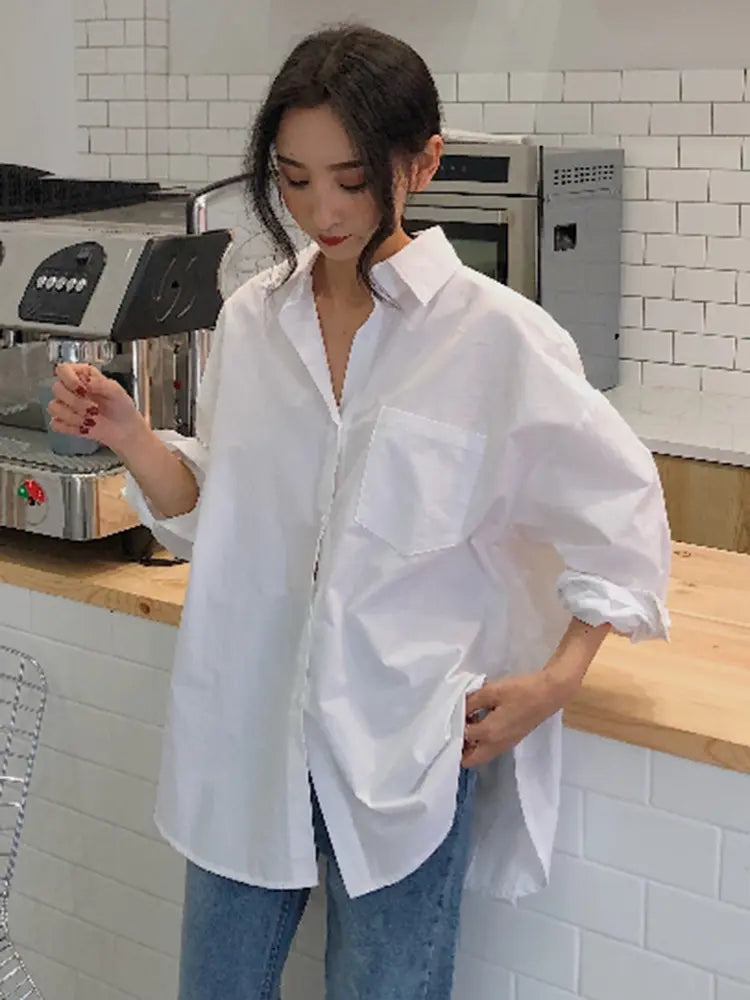 Fibobus DropShipping Autumn Long Sleeve Cotton White Blouse Fashion Women Casual Loose Shirt Blouse Office Lady Button Shirt Top Clothes Blusas 11456