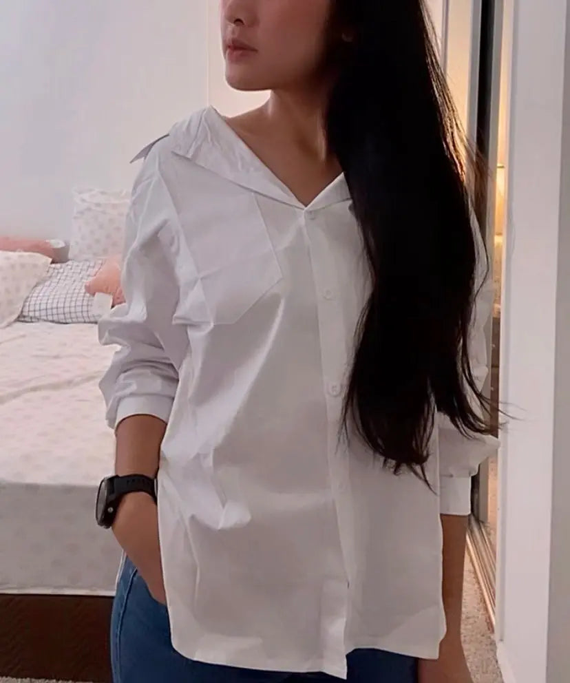 Fibobus DropShipping Autumn Long Sleeve Cotton White Blouse Fashion Women Casual Loose Shirt Blouse Office Lady Button Shirt Top Clothes Blusas 11456