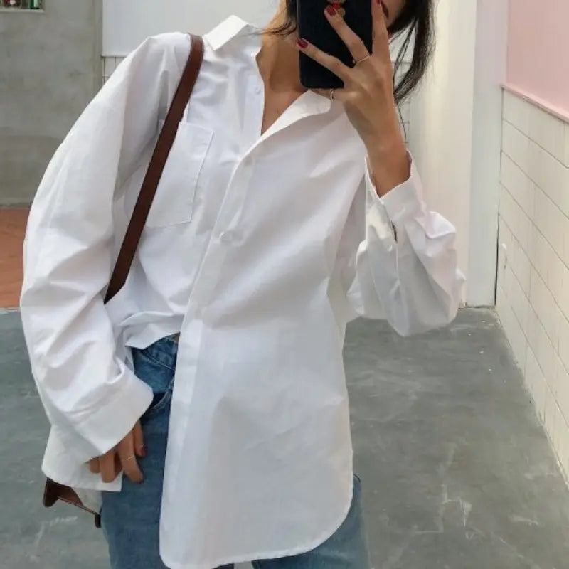 Fibobus DropShipping Autumn Long Sleeve Cotton White Blouse Fashion Women Casual Loose Shirt Blouse Office Lady Button Shirt Top Clothes Blusas 11456