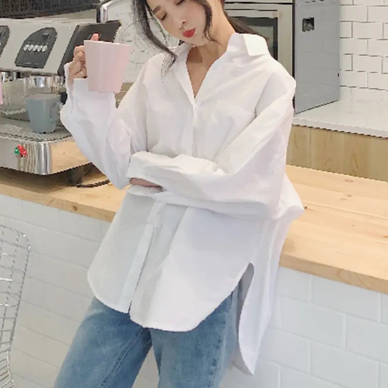 Fibobus DropShipping Autumn Long Sleeve Cotton White Blouse Fashion Women Casual Loose Shirt Blouse Office Lady Button Shirt Top Clothes Blusas 11456