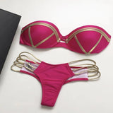 Oh Saucy Rose red / S Black Bandage Swimsuit 2023 Sexy Brazilian Bikini Push Up Swimwear Women Micro Bikinis Plus Size Beachwear Shiny Gold Beachwear