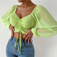 Fibobus Apparel & Accessories Crop Tops Drawstring V-Neck Lantern Sleeve