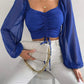 Fibobus Apparel & Accessories Blue / S Crop Tops Drawstring V-Neck Lantern Sleeve