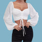Fibobus Apparel & Accessories White / S Crop Tops Drawstring V-Neck Lantern Sleeve