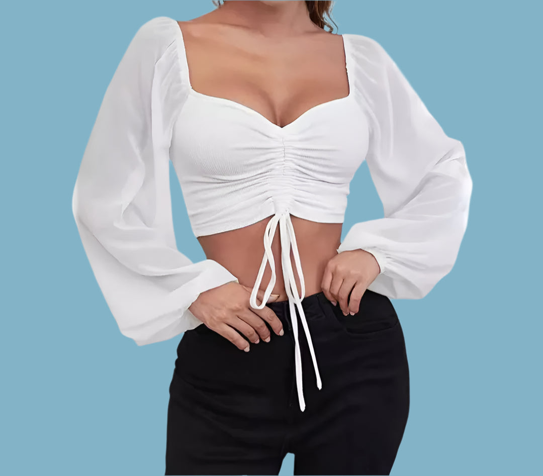 Fibobus Apparel & Accessories White / S Crop Tops Drawstring V-Neck Lantern Sleeve