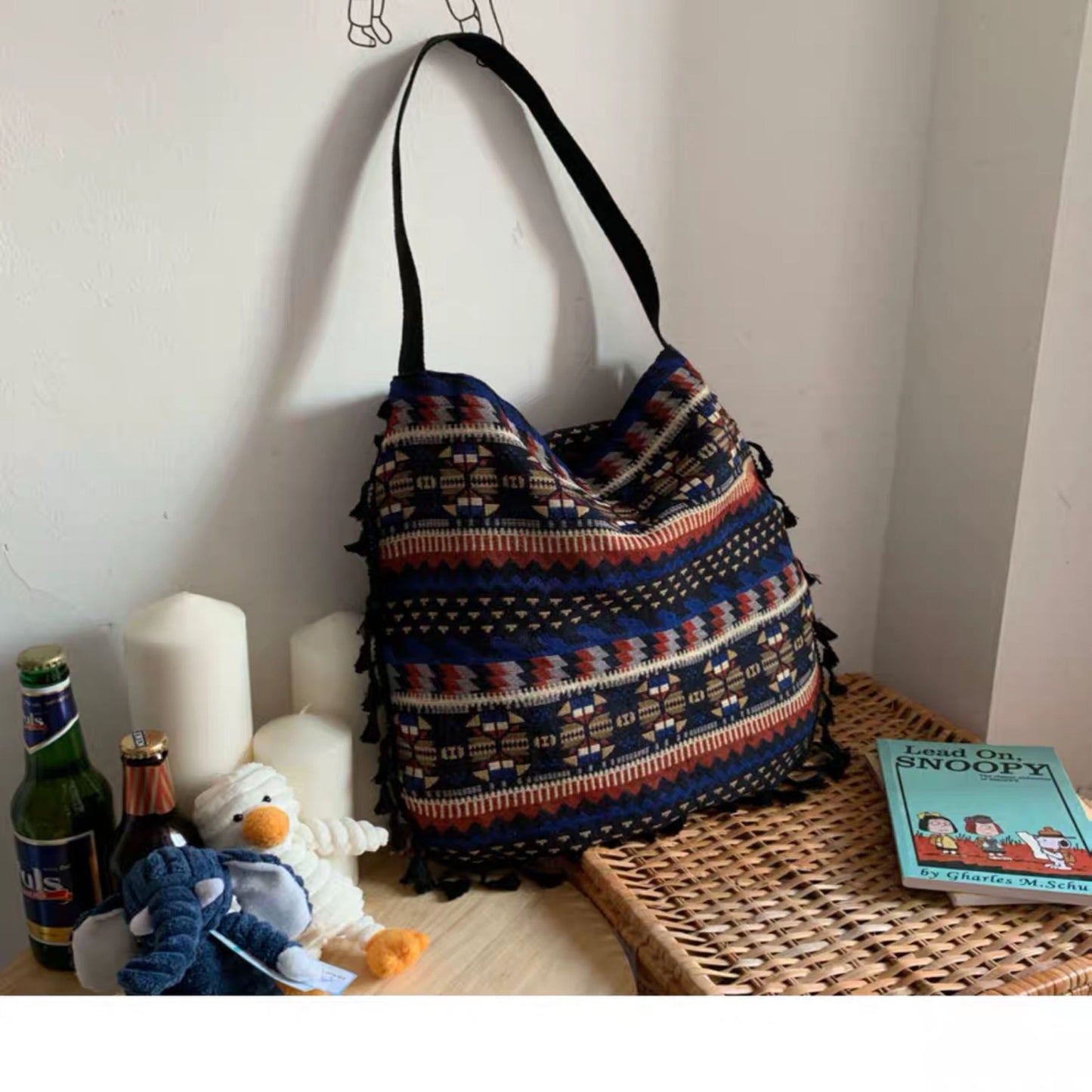 Oh Saucy Blue Geometric Tribal Tasselled Tote Bags