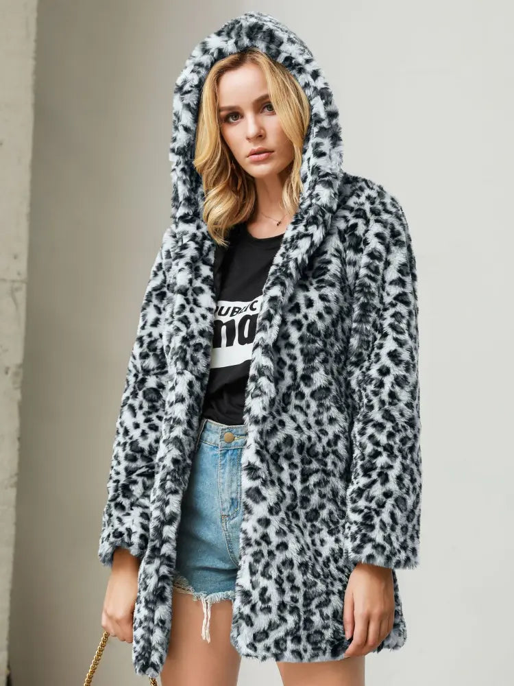 Fibobus DropShipping White Black / S Jackets for Women Korean Version Autumn Winter Warm Fur Coats Fashion Mid Length Leopard Print Streetwear Women's Clothing