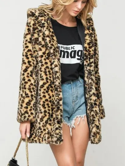 Fibobus DropShipping Jackets for Women Korean Version Autumn Winter Warm Fur Coats Fashion Mid Length Leopard Print Streetwear Women's Clothing