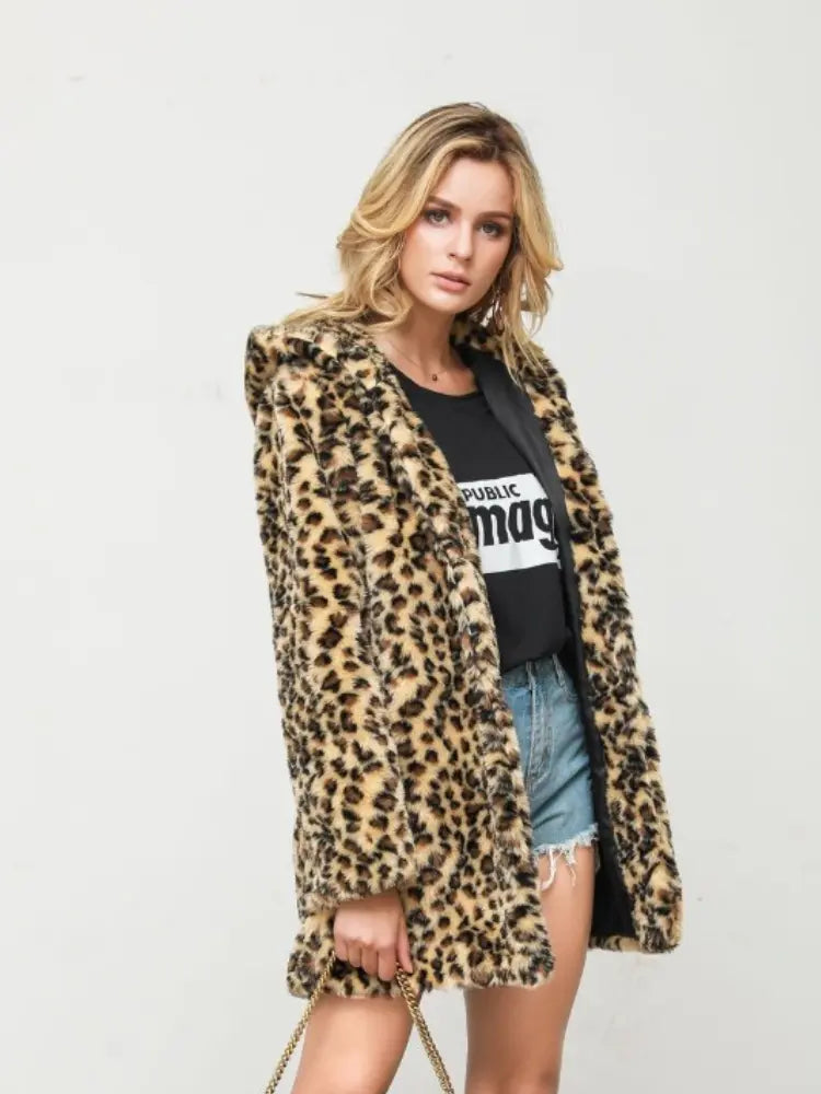 Fibobus DropShipping Jackets for Women Korean Version Autumn Winter Warm Fur Coats Fashion Mid Length Leopard Print Streetwear Women's Clothing