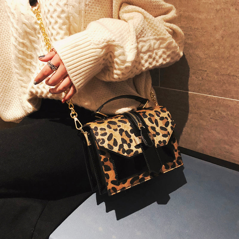 Oh Saucy Black Korean Style Leopard Print Shoulder Bag Crossbody Bags For Women With Zipper Decoration Ladies Chain Handbags
