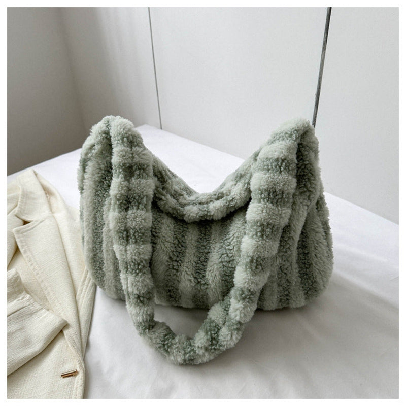 OhSaucy Bags Green Large-capacity Striped Plush Bag Winter New Fashion Portable Tote Shoulder Bags Shopping Furry Handbags For Women