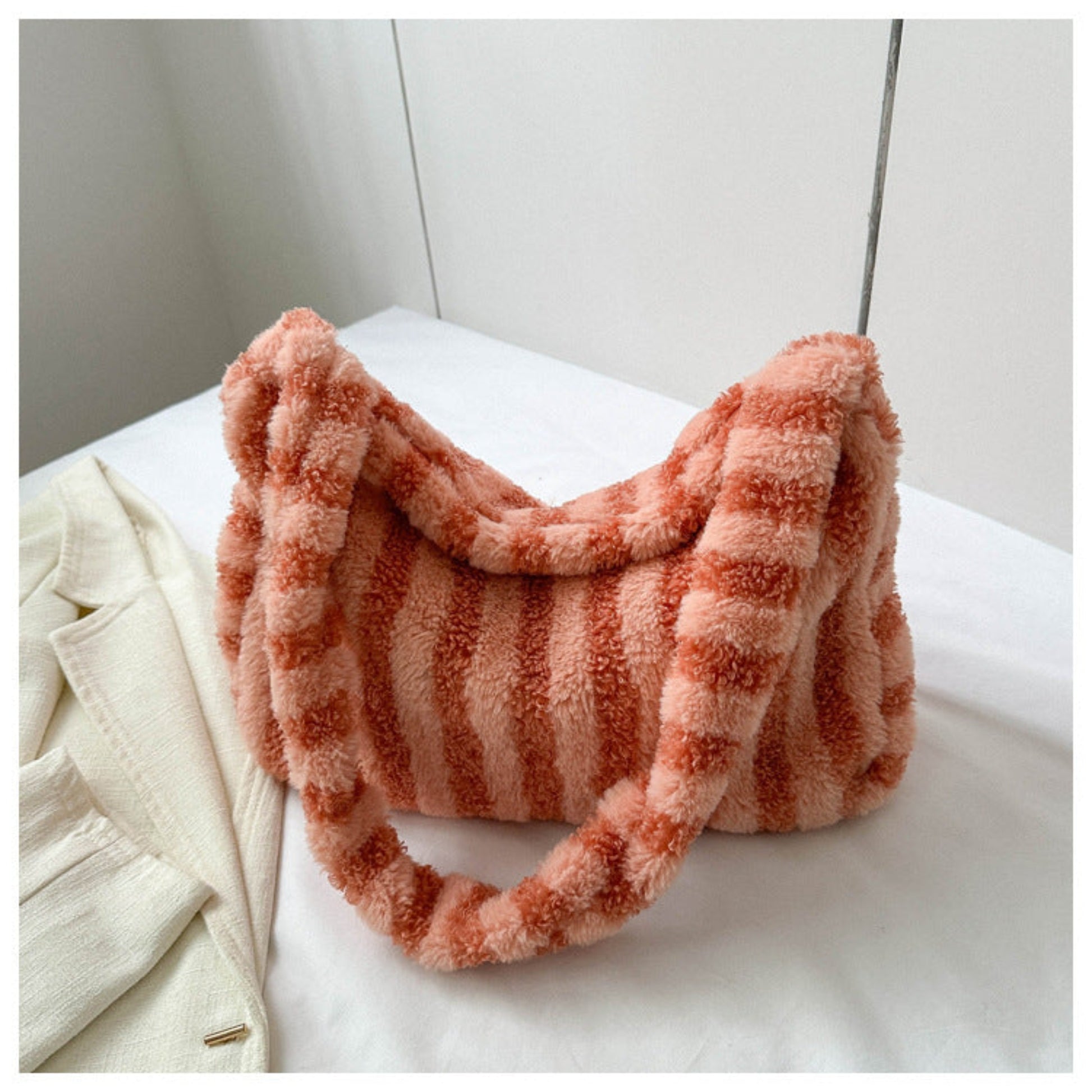 OhSaucy Bags Orange Large-capacity Striped Plush Bag Winter New Fashion Portable Tote Shoulder Bags Shopping Furry Handbags For Women