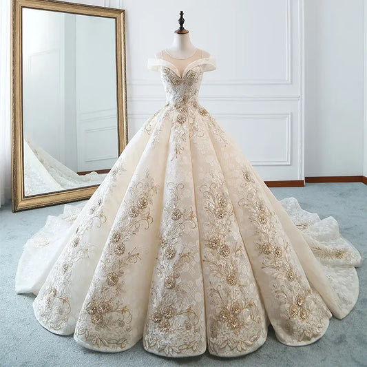 Fibobus DropShipping Trailing dress / S One-Shoulder Light Wedding Dress Princess Dreamy Simple Bride Luxury Long Tail Court Plus Size