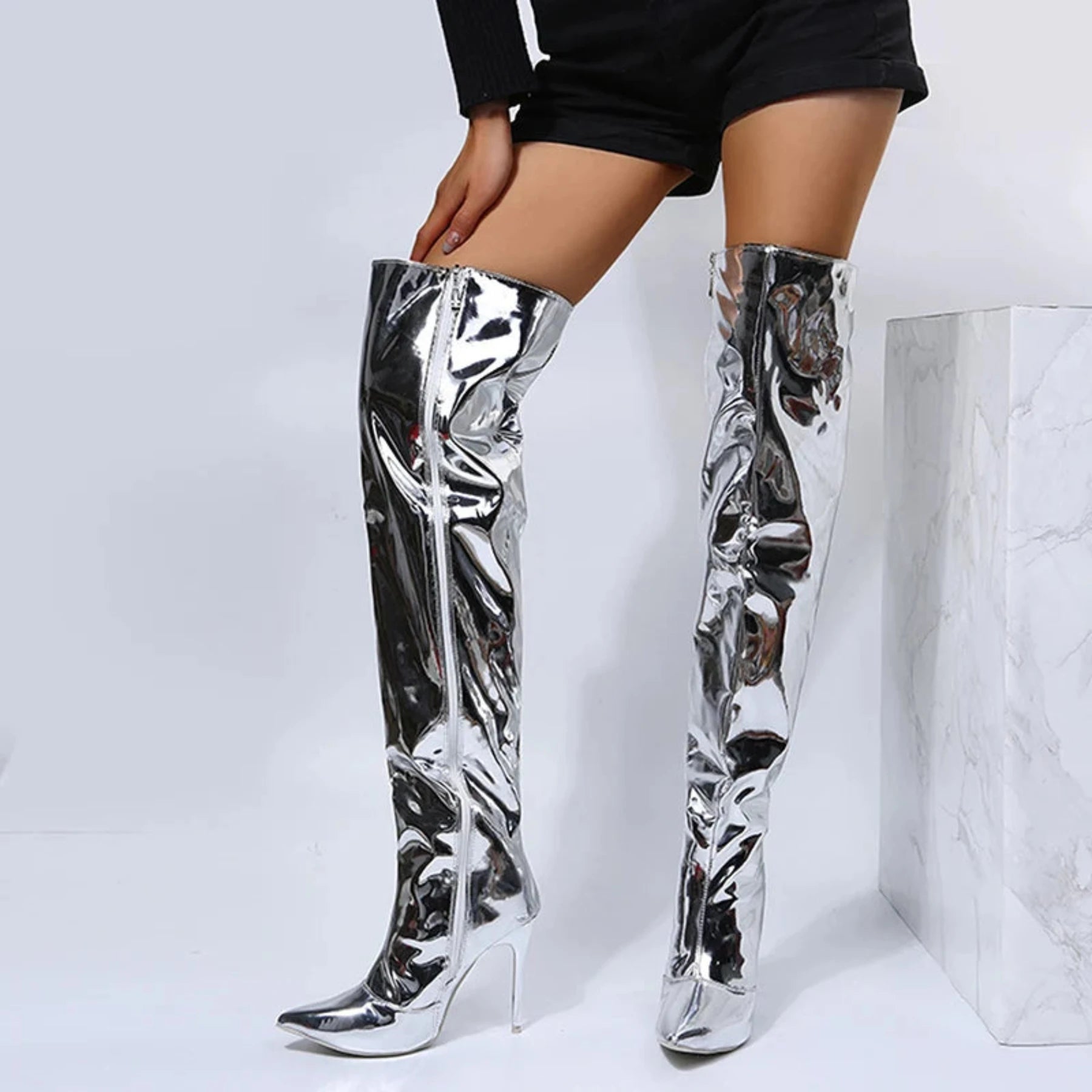 Oh Saucy boots Silver Mirror / 35 Over The Knee Long Boots Mirror Finish Pointy Toe