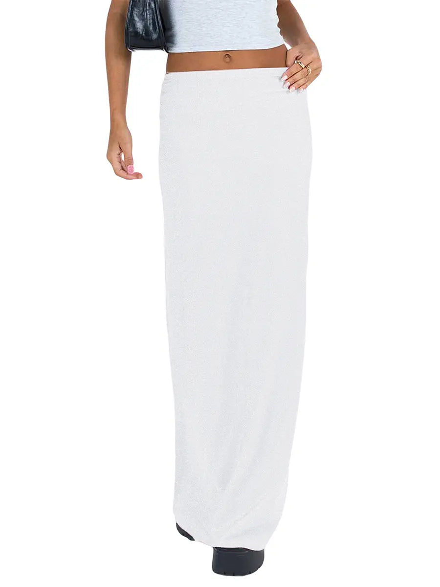 Fibobus DropShipping Sexy Solid Color Bodycon Maxi Skirt for Women - Low Waist Pencil Skirt with Elegant Design Perfect for Summer Parties and