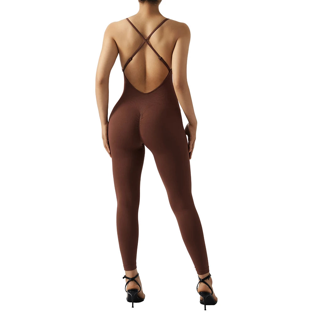 Oh Saucy Dark Brown / L Summer Sports Street 2 Gym Jumpsuit Sleeveless And Backless