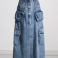 Split Denim Skirts For Women High Waist Patchwork Pocket Temperament Solid Skirt Female 