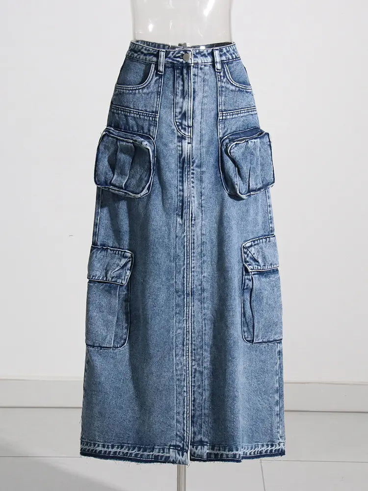 Split Denim Skirts For Women High Waist Patchwork Pocket Temperament Solid Skirt Female 