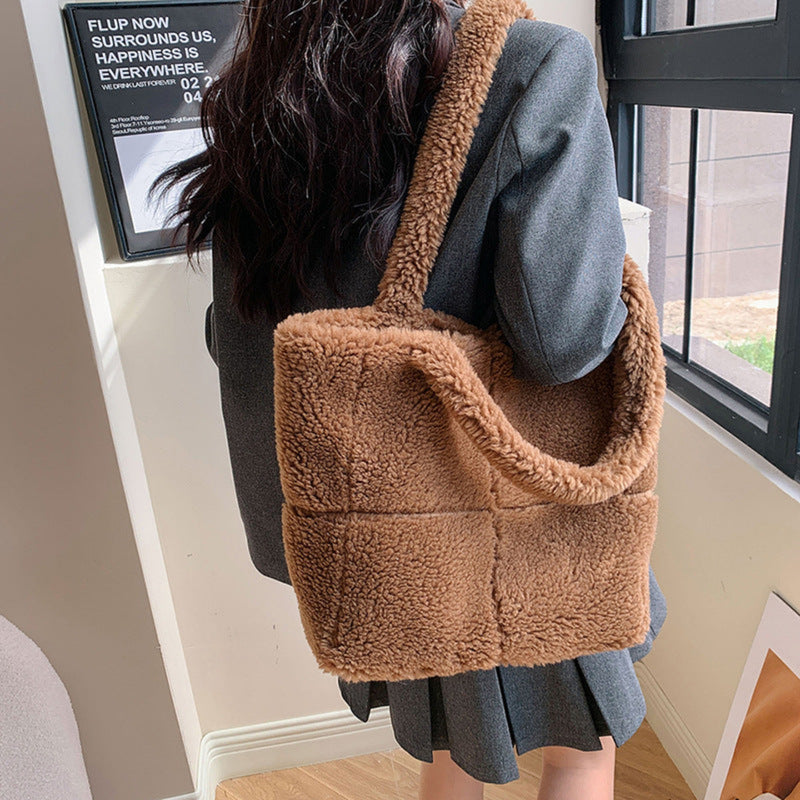 OhSaucy Bags Coffee Women's Designer Luxury Plush Bag Winter Fashion Cute Tote Handbags Large Capacity Portable Single Shoulder Furry Bags