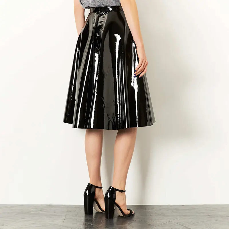 Fibobus DropShipping Women Sexy Latex Pleated Midi Skirt 3XL 4xl Gothic High Waist Knee Length PU Leather Ball Gown Skirts Elegant PVC A-Line Skirt