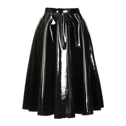  Women Sexy Latex Pleated Midi Skirt 3XL 4xl Gothic High Waist Knee Length PU Leather Ball Gown Skirts Elegant PVC A-Line Skirt