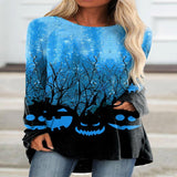 OHS Tshirt Blue / XS 2022 New Autumn Women&#39;s Pumpkin Halloween Weekend Painting T Shirt Long Sleeve Winter Female Round Neck Tops Pullover Tee Shirt