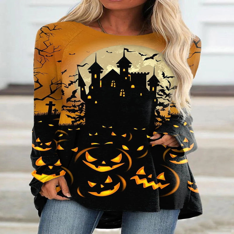 OHS Tshirt Gold / XS 2022 New Autumn Women&#39;s Pumpkin Halloween Weekend Painting T Shirt Long Sleeve Winter Female Round Neck Tops Pullover Tee Shirt