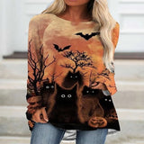OHS Tshirt milky / XS 2022 New Autumn Women&#39;s Pumpkin Halloween Weekend Painting T Shirt Long Sleeve Winter Female Round Neck Tops Pullover Tee Shirt