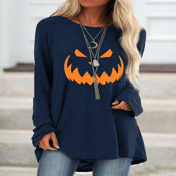 OHS Tshirt Navy Blue / XS 2022 New Autumn Women&#39;s Pumpkin Halloween Weekend Painting T Shirt Long Sleeve Winter Female Round Neck Tops Pullover Tee Shirt