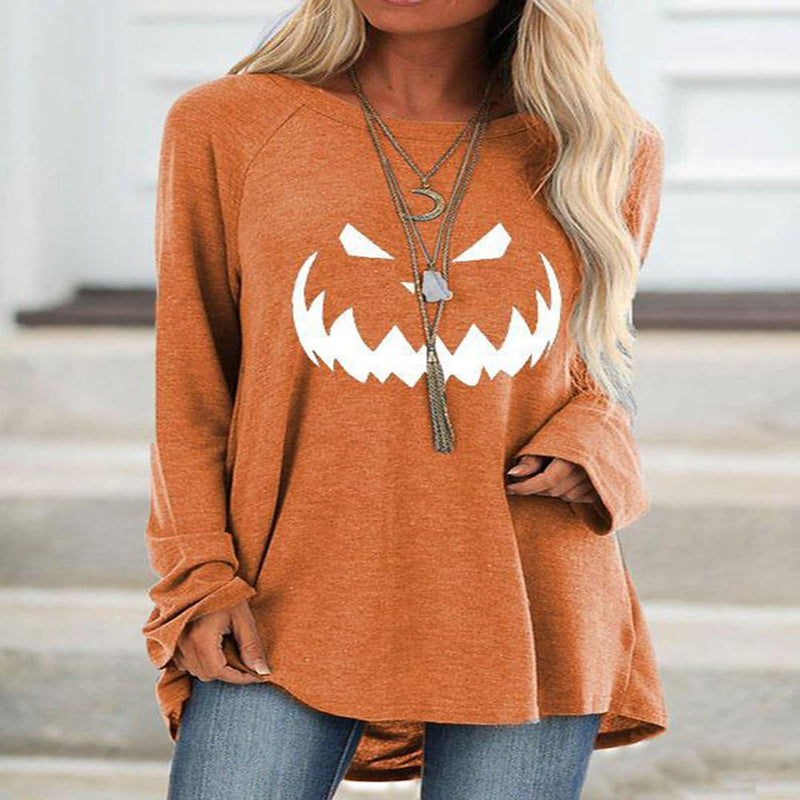 OHS Tshirt Orange / XS 2022 New Autumn Women&#39;s Pumpkin Halloween Weekend Painting T Shirt Long Sleeve Winter Female Round Neck Tops Pullover Tee Shirt