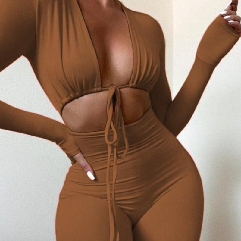 OhSaucy Apparel & Accessories S / Brown 50% off Summer Sale - Long Sleeve Body-con Jumpsuit